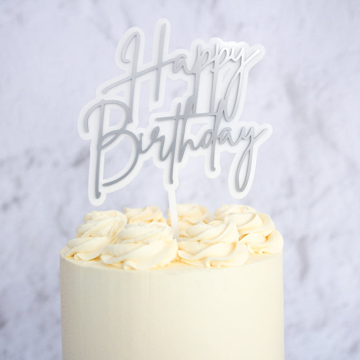Happy Birthday Cake Topper - Trendy Silver (Double Layer)